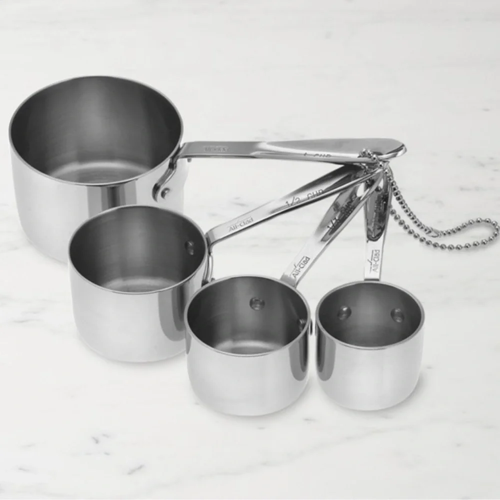 NWT All-Clad 4 Pc Stainless Steel Measuring Cups Set Silver Logo Ultra Durable